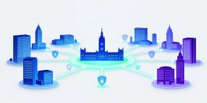 Parliamnent in the centre connteced to businesses, connected to each other with security badge at the forefront. Cyber Security and Resilience Bill. What Businesses Need to Know