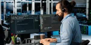 Man doing remote It support in a server room
