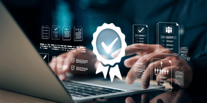 Digital compliance interface showing certification checklists and security status icons, illustrating that Cyber Essentials certification.