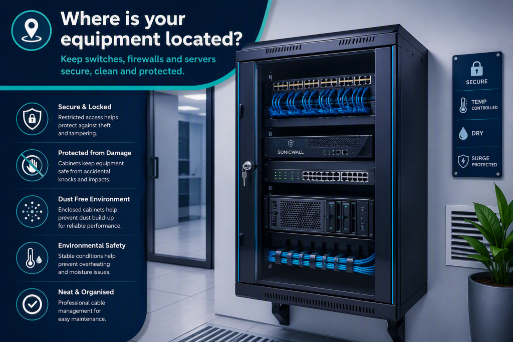 Info graphic including image of server cabinet
